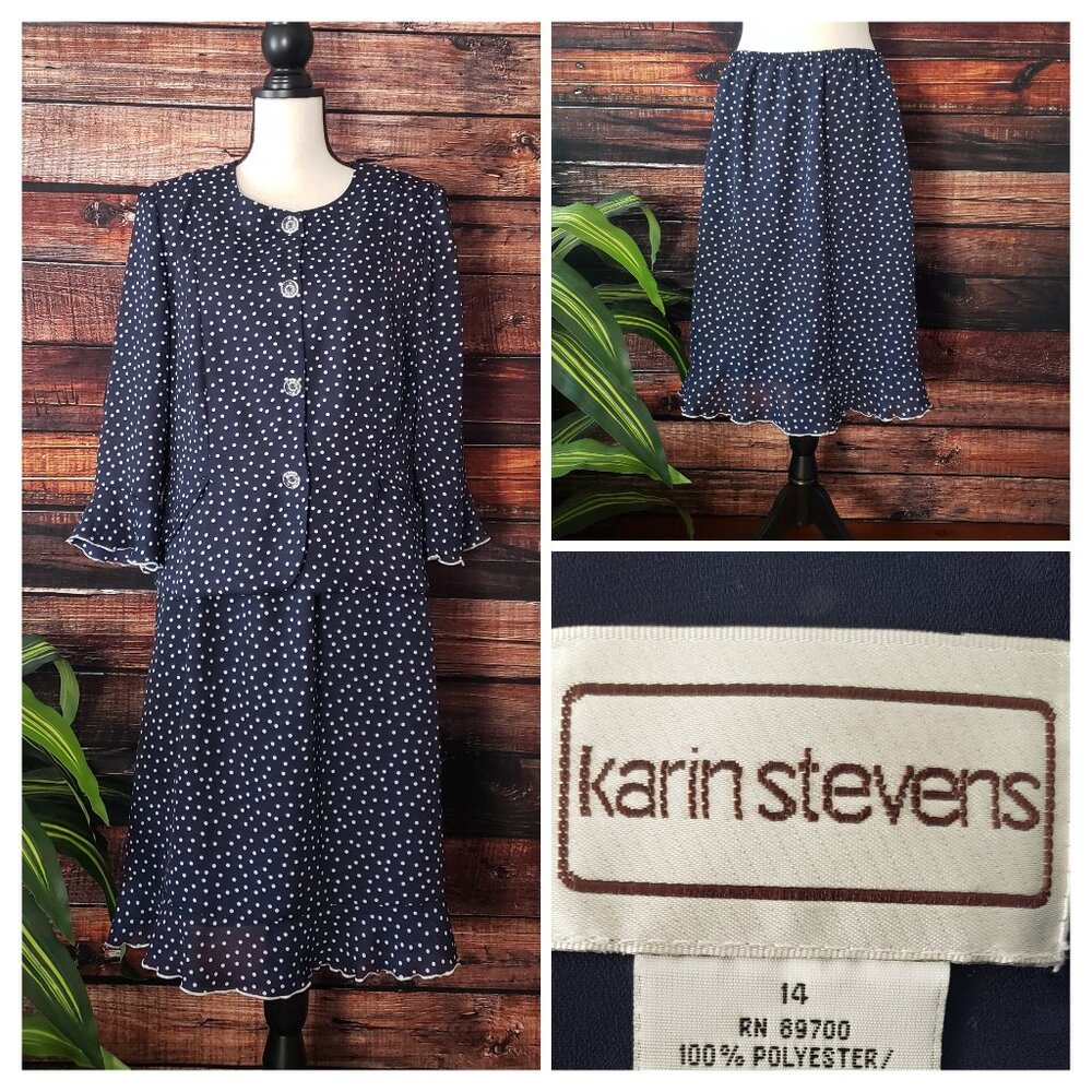 Karin Stevens Vintage 80s Two Piece Skirt Set Navy Blue Polka Dot Size 14